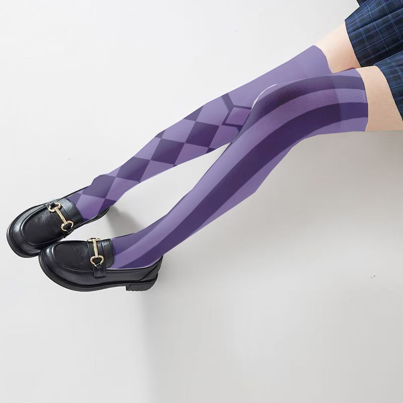 Purple Striped Gothic Geometric Pattern Thigh High Socks